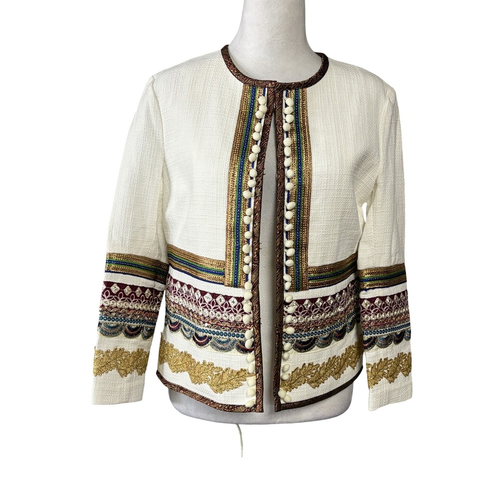 Boston Proper Jacket‎ Womens 8 White Multicolor Embroidered Beaded Boho Tweed